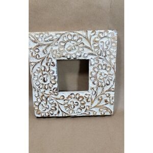 Hand Carved Floral Wood Picture Frame Square Whitewash Boho Rustic 6.5x6.5